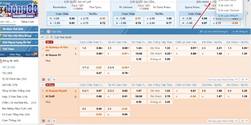 Tỷ lệ kèo Malaysia là gì? Giải mã cách đọc và cách tính chuẩn Tỷ lệ kèo Malaysia hiển thị số âm và dương